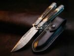 Handmade Damascus Steel Balisong Knife| Stag & Steel Engraved Bolsters Handle | Premium Butterfly Knife with Leather Sheath BF-147