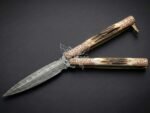 Handmade Damascus Steel Balisong Double Edge Knife| Stag & Copper Engraved Bolsters Handle | Premium Butterfly Knife with Leather Sheath BF-140 - Image 4