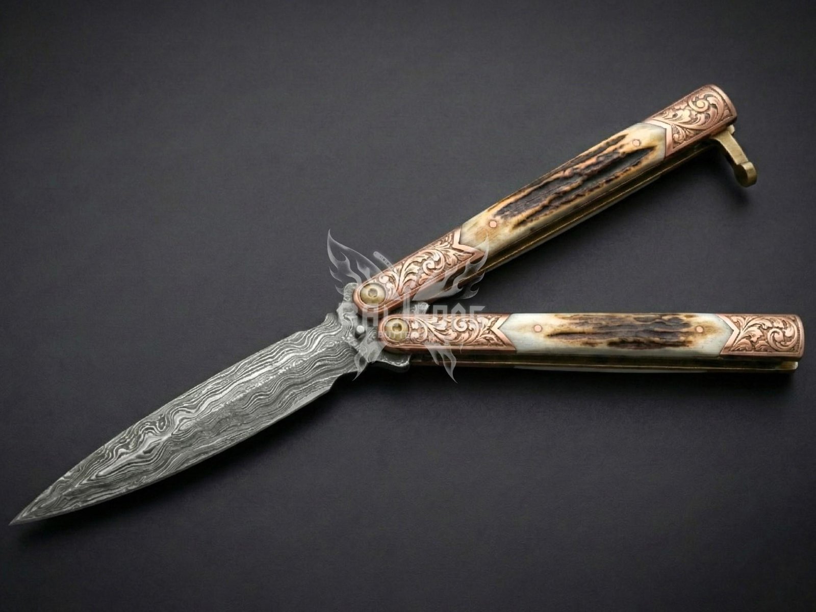 Handmade Damascus Steel Balisong Double Edge Knife| Stag & Copper Engraved Bolsters Handle | Premium Butterfly Knife with Leather Sheath BF-140 - Image 4