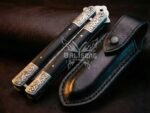Handmade Damascus Steel Balisong Knife| Micarta & Steel Engraved Bolsters Handle | Premium Butterfly Knife with Leather Sheath BF-146 - Image 4