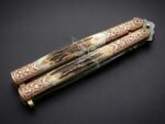 Handmade Damascus Steel Balisong Double Edge Knife| Stag & Copper Engraved Bolsters Handle | Premium Butterfly Knife with Leather Sheath BF-140 - Image 2
