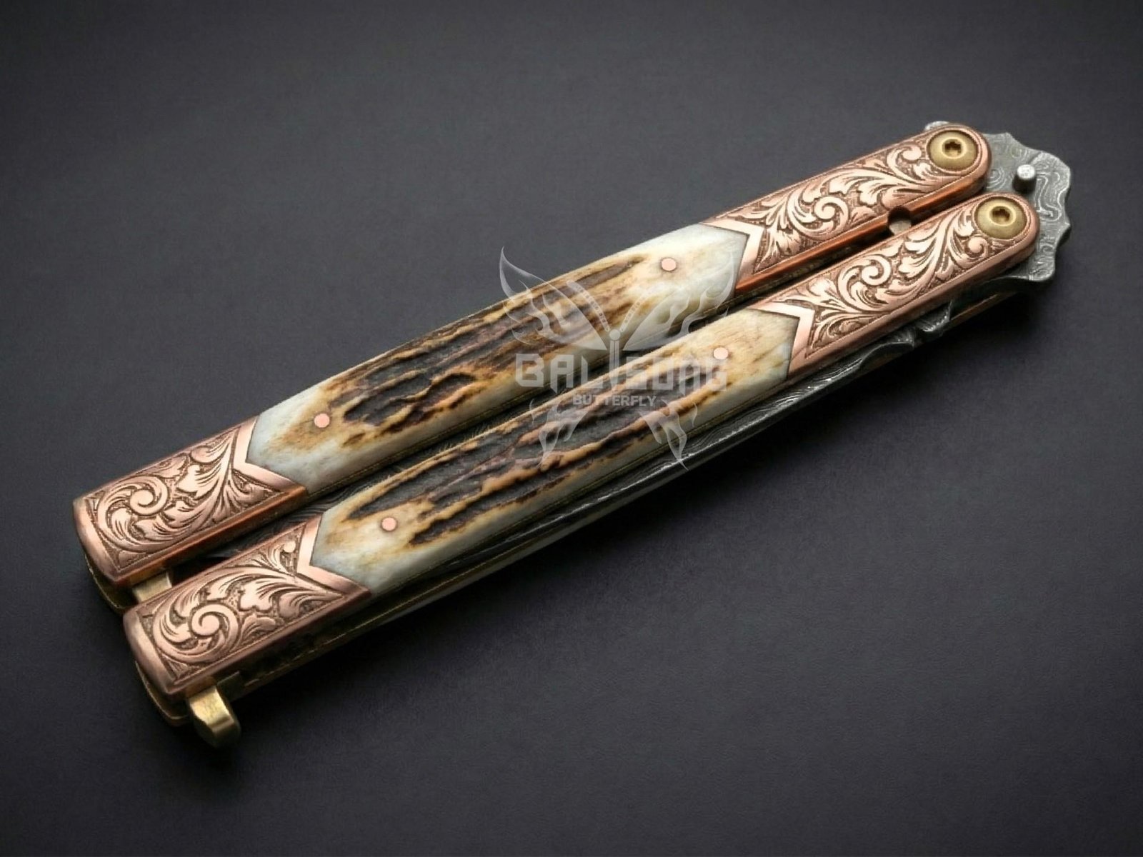 Handmade Damascus Steel Balisong Double Edge Knife| Stag & Copper Engraved Bolsters Handle | Premium Butterfly Knife with Leather Sheath BF-140 - Image 2