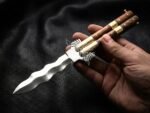 Handmade D2 Steel Balisong Double Edge Eagle Knife| Rose Wood & Brase Bolsters Handle | Premium Butterfly Knife with Leather Sheath BF-143
