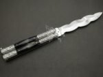 Handmade D2 Steel Balisong Double Edge Knife| Black Horn & Steel Engraved Bolsters Handle | Premium Butterfly Knife with Leather Sheath BF-139 - Image 4