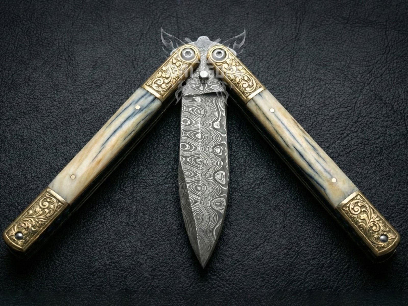 Handmade Damascus Steel Balisong Double Edge Blade Knife| Mammoth Tooth & Brase Engraved Bolsters Handle | Premium Butterfly Knife with Leather Sheath BF-142 - Image 2