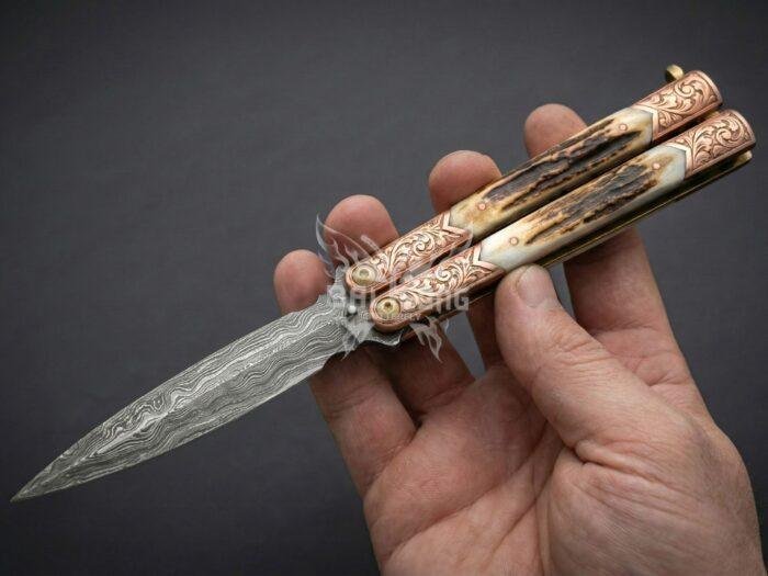 Handmade Damascus Steel Balisong Double Edge Knife| Stag & Copper Engraved Bolsters Handle | Premium Butterfly Knife with Leather Sheath BF-140