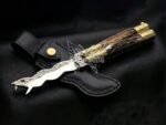 Hand Forged D2 Steel Balisong Snake Blade Knife| Stag & Brase Engraved Bolsters Handle | Premium Butterfly Knife with Snake Shape Leather Sheath BF-149