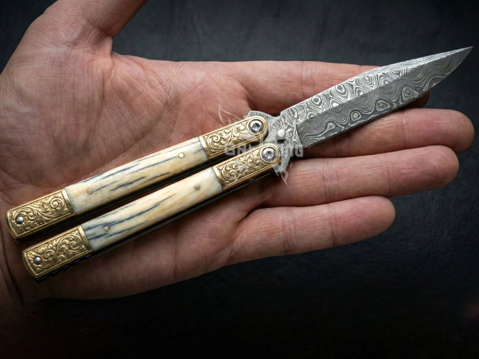 Handmade Damascus Steel Balisong Double Edge Blade Knife| Mammoth Tooth & Brase Engraved Bolsters Handle | Premium Butterfly Knife with Leather Sheath BF-142
