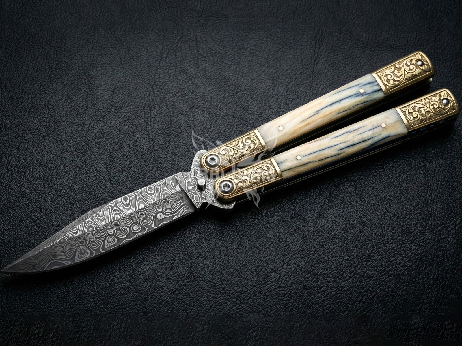 Handmade Damascus Steel Balisong Double Edge Blade Knife| Mammoth Tooth & Brase Engraved Bolsters Handle | Premium Butterfly Knife with Leather Sheath BF-142 - Image 4