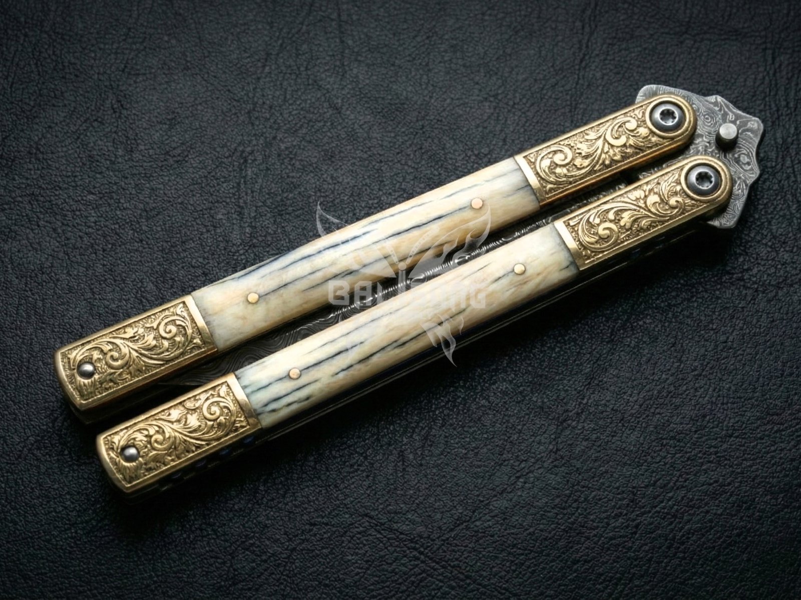 Handmade Damascus Steel Balisong Double Edge Blade Knife| Mammoth Tooth & Brase Engraved Bolsters Handle | Premium Butterfly Knife with Leather Sheath BF-142 - Image 3