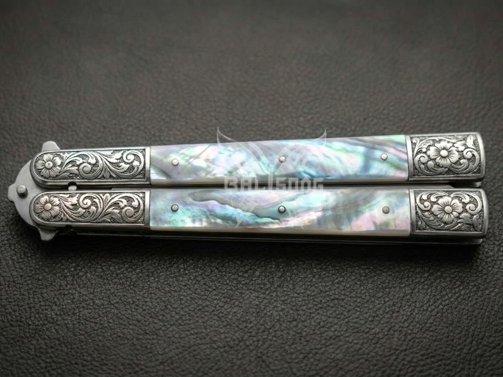 Handmade D2 Steel Balisong Tanto Blade Knife| Mother of Pearl & Steel Engraved Bolsters Handle | Premium Butterfly Knife with Leather Sheath BF-141 - Image 4