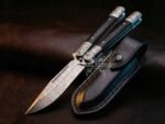 Handmade Damascus Steel Balisong Knife| Micarta & Steel Engraved Bolsters Handle | Premium Butterfly Knife with Leather Sheath BF-146