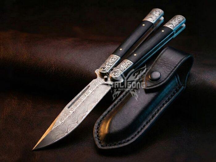 Handmade Damascus Steel Balisong Knife| Micarta & Steel Engraved Bolsters Handle | Premium Butterfly Knife with Leather Sheath BF-146