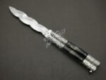 Handmade D2 Steel Balisong Double Edge Knife| Black Horn & Steel Engraved Bolsters Handle | Premium Butterfly Knife with Leather Sheath BF-139