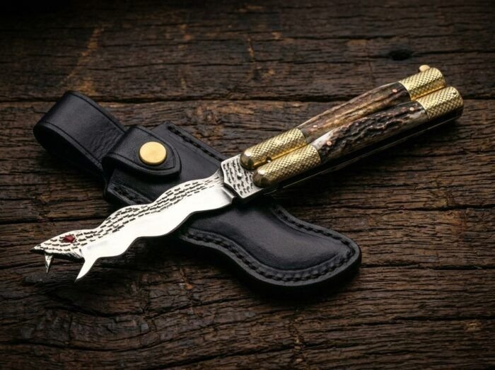 Ahas balisong butterfly knife shown with its leather sheath