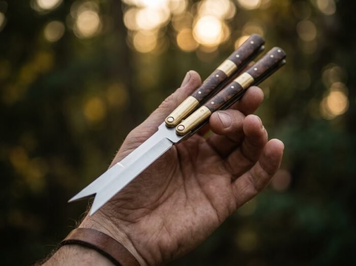 Anahaw balisong butterfly knife held in hand