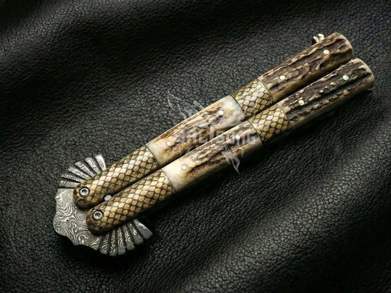 Handmade Damascus Steel Balisong Double Edge Eagle Knife| Stag & Brase Engraved Bolsters Handle | Premium Butterfly Knife with Leather Sheath BF-144 - Image 3