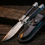 Bato Handmade Damascus Steel Balisong Knife| Micarta & Steel Engraved Bolsters Handle | Premium Butterfly Knife with Leather Sheath BF-146