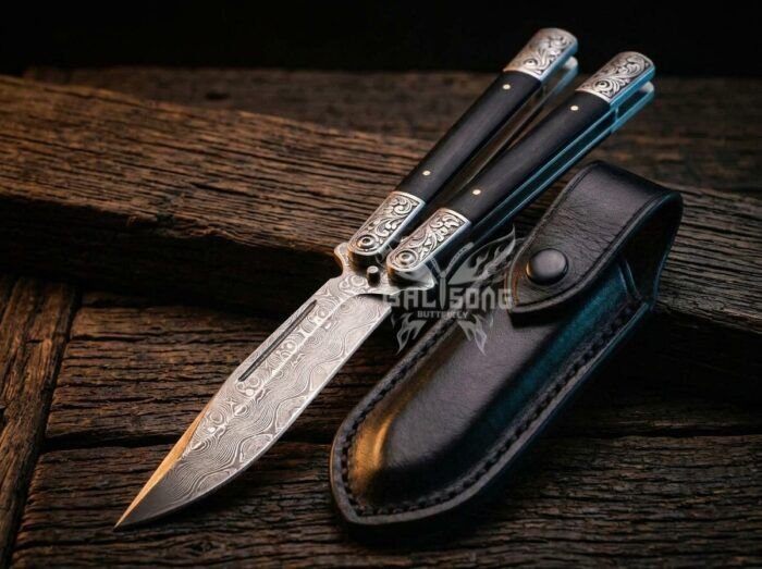 Bato balisong butterfly knife shown with its leather sheath