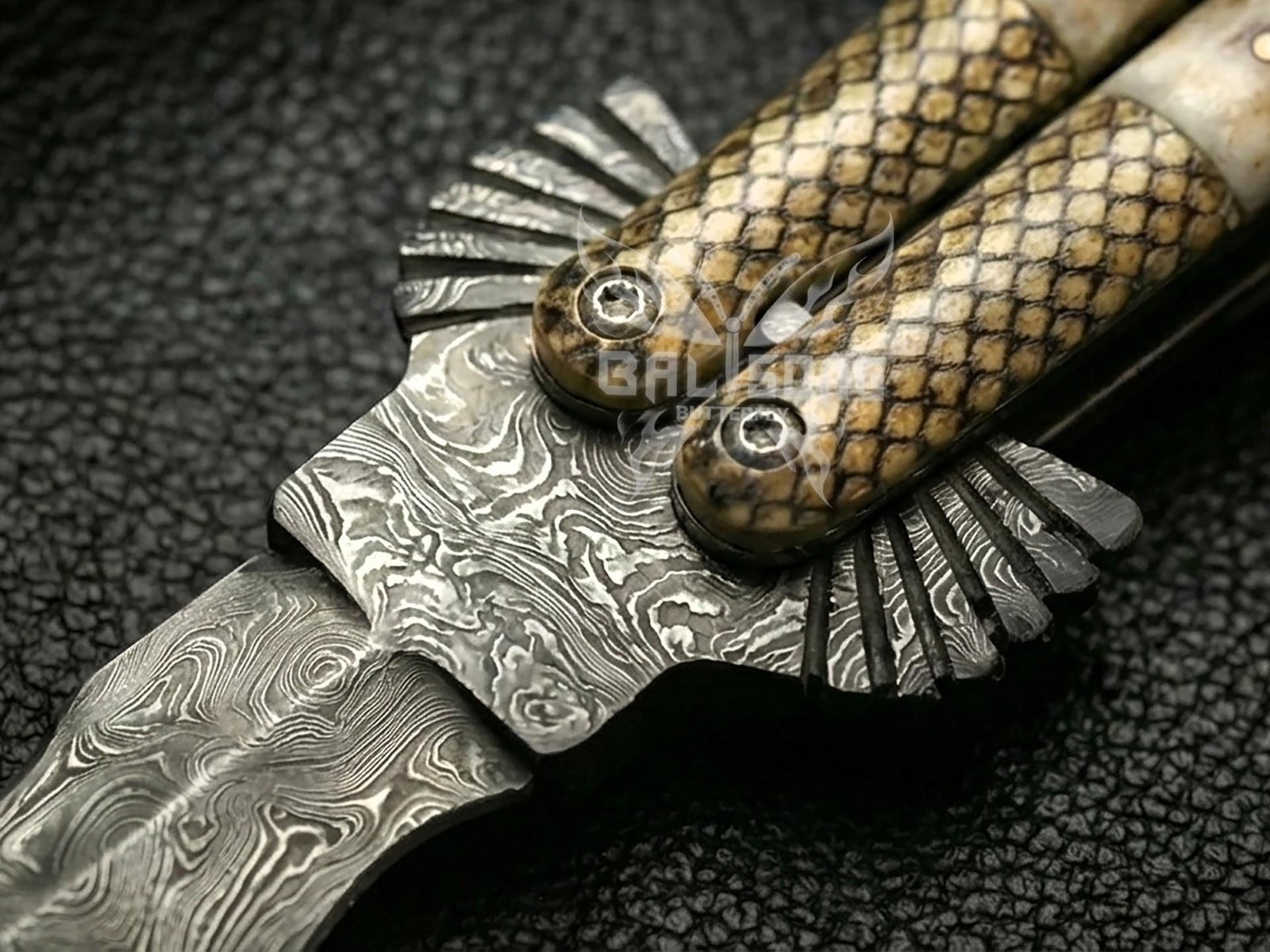 Handmade Damascus Steel Balisong Double Edge Eagle Knife| Stag & Brase Engraved Bolsters Handle | Premium Butterfly Knife with Leather Sheath BF-144 - Image 4