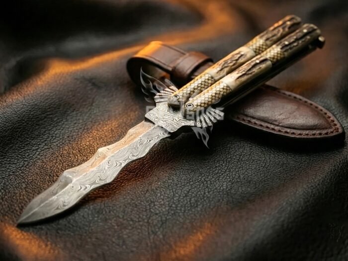 Handmade Damascus Steel Balisong Double Edge Eagle Knife| Stag & Brase Engraved Bolsters Handle | Premium Butterfly Knife with Leather Sheath BF-144