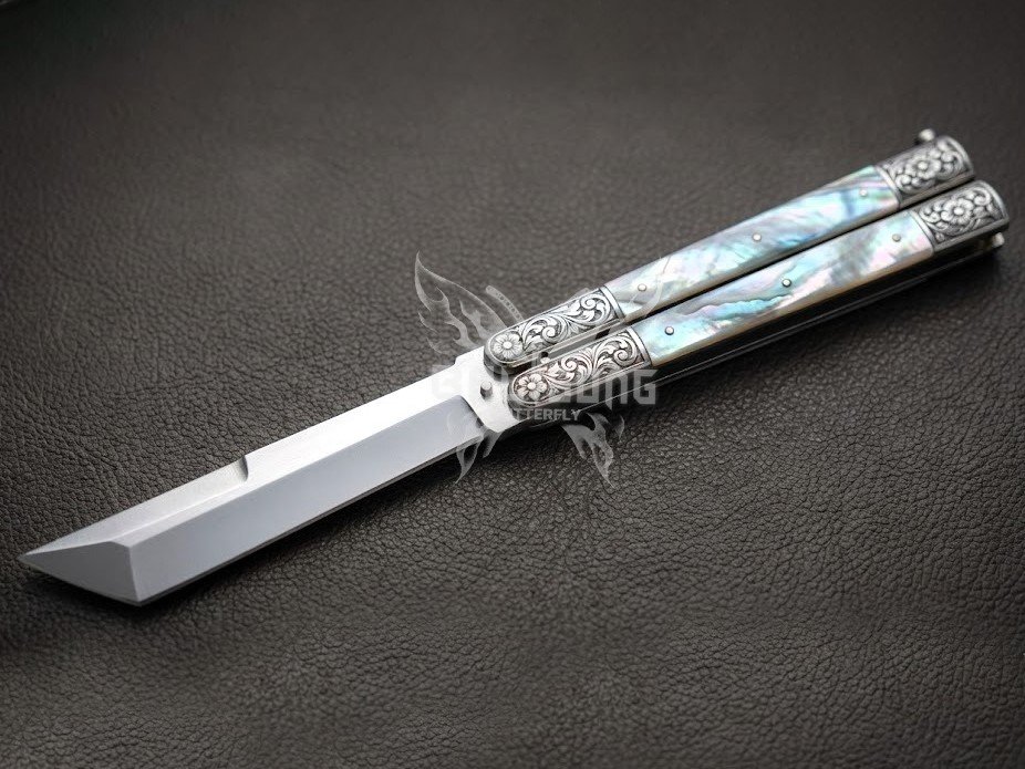 Handmade D2 Steel Balisong Tanto Blade Knife| Mother of Pearl & Steel Engraved Bolsters Handle | Premium Butterfly Knife with Leather Sheath BF-141 - Image 3