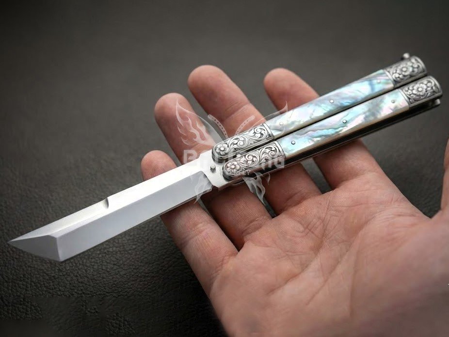 Handmade D2 Steel Balisong Tanto Blade Knife| Mother of Pearl & Steel Engraved Bolsters Handle | Premium Butterfly Knife with Leather Sheath BF-141