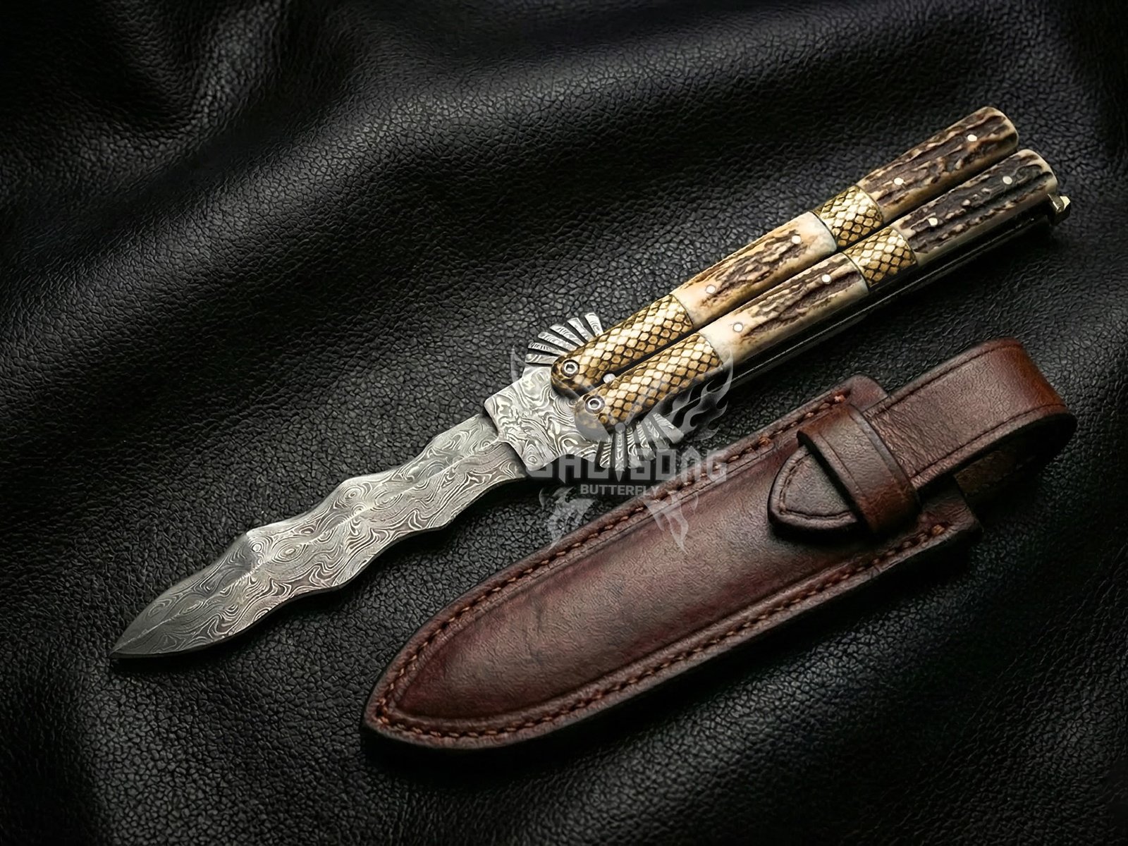Handmade Damascus Steel Balisong Double Edge Eagle Knife| Stag & Brase Engraved Bolsters Handle | Premium Butterfly Knife with Leather Sheath BF-144 - Image 2
