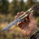 Kalaw Handmade Damascus Steel Balisong Double Edge Eagle Knife| Stag & Brass Engraved Bolsters Handle | Premium Butterfly Knife with Leather Sheath BF-144