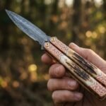 Pamana Handmade Damascus Steel Balisong Double Edge Knife| Stag & Copper Engraved Bolsters Handle | Premium Butterfly Knife with Leather Sheath BF-140