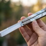 Perlas Handmade D2 Steel Balisong Tanto Blade Knife| Mother of Pearl & Steel Engraved Bolsters Handle | Premium Butterfly Knife with Leather Sheath BF-141