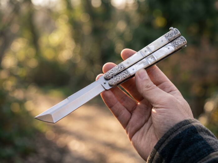 Perlas balisong butterfly knife held in hand, second view