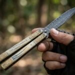 Sinauna Handmade Damascus Steel Balisong Double Edge Blade Knife| Mammoth Tooth & Brass Engraved Bolsters Handle | Premium Butterfly Knife with Leather Sheath BF-142