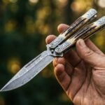 Ugat Handmade Damascus Steel Balisong Knife| Stag & Steel Engraved Bolsters Handle | Premium Butterfly Knife with Leather Sheath BF-147