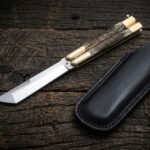 Tanod Handmade D2 Steel Balisong Tanto Blade Knife| Stag & Brass Bolsters Handle | Premium Butterfly Knife with Leather Sheath BF-150