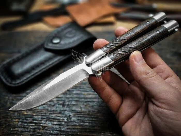 Handmade D2 Steel Balisong Knife, Wenge Wood Engraved & Steel Bolster Handle, Premium Balisong Knife with Leather She...