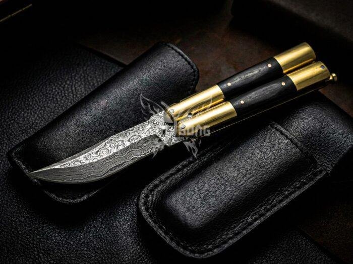Handmade Damascus Steel Balisong Knife| Micarta & Brase Bolsters Handle | Premium Butterfly Knife with Leather Sheath BF-155