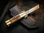 Handmade Damascus Steel Balisong Tanto Blade Knife| Stag & Brase Bolsters Handle | Premium Butterfly Knife with Leather Sheath BF-156 - Image 4