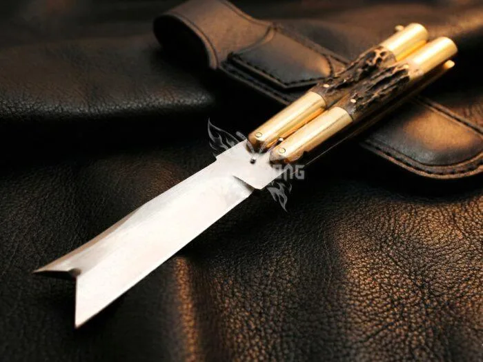 Handmade D2 Steel Balisong Knife, Stag & Brase Bolsters Handle, Premium Butterfly Knife with Leather Sheath BF-153