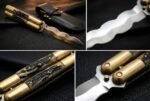 [Handmade D2 Steel Balisong Double Edge Knife| Stag & Brase Bolsters Handle | Premium Butterfly Knife with Leather Sheath BF-152 - Image 2