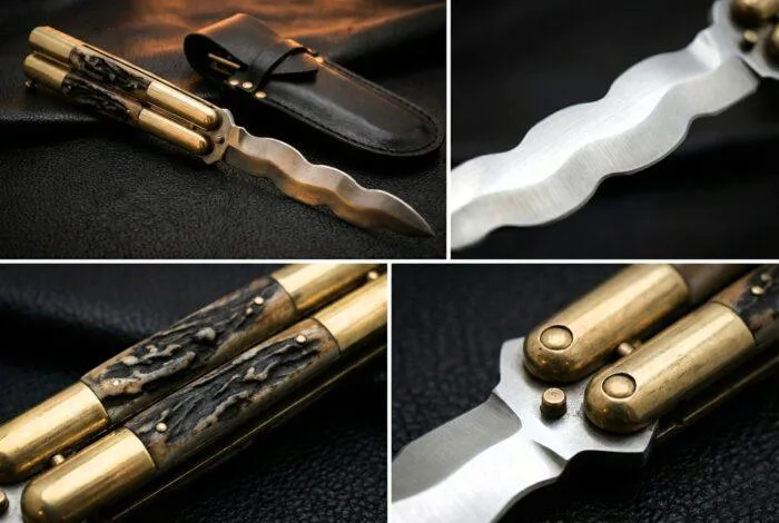 Handmade D2 Steel Balisong Double Edge Knife, Stag & Brase Bolsters Handle, Premium Butterfly Knife with Leather Shea...