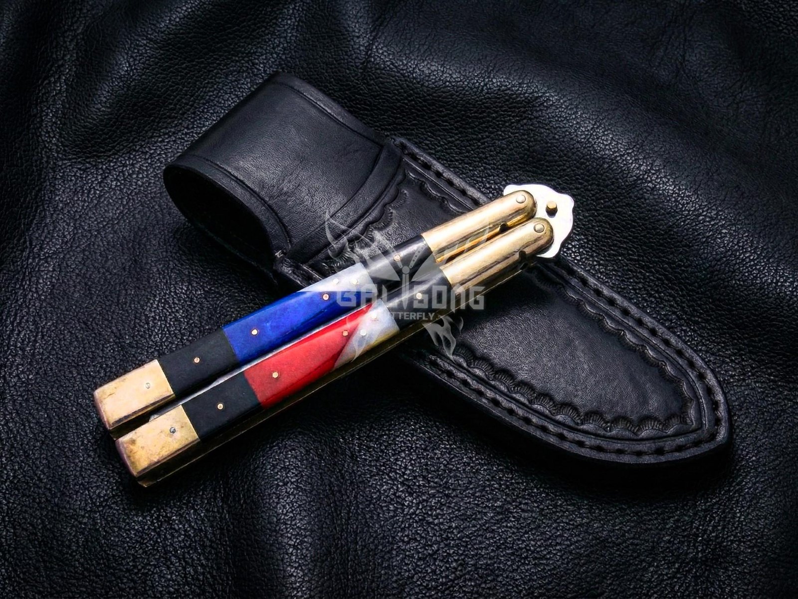 Handmade D2 Steel Balisong Double Edge Knife| Micarta Resin & Brase Bolsters Handle | Premium Butterfly Knife with Leather Sheath BF-160 - Image 2
