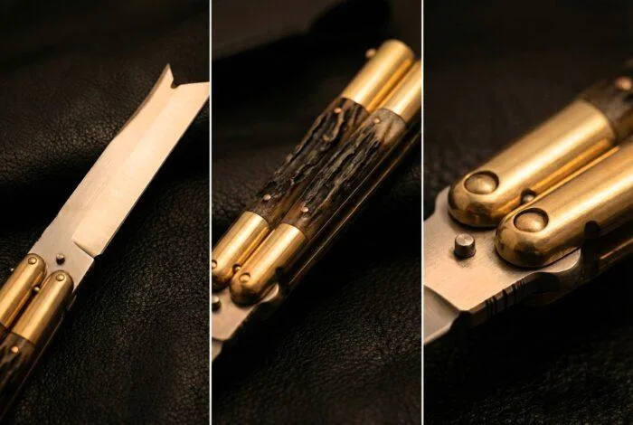 Handmade D2 Steel Balisong Knife, Stag & Brase Bolsters Handle, Premium Butterfly Knife with Leather Sheath BF-153 - ...