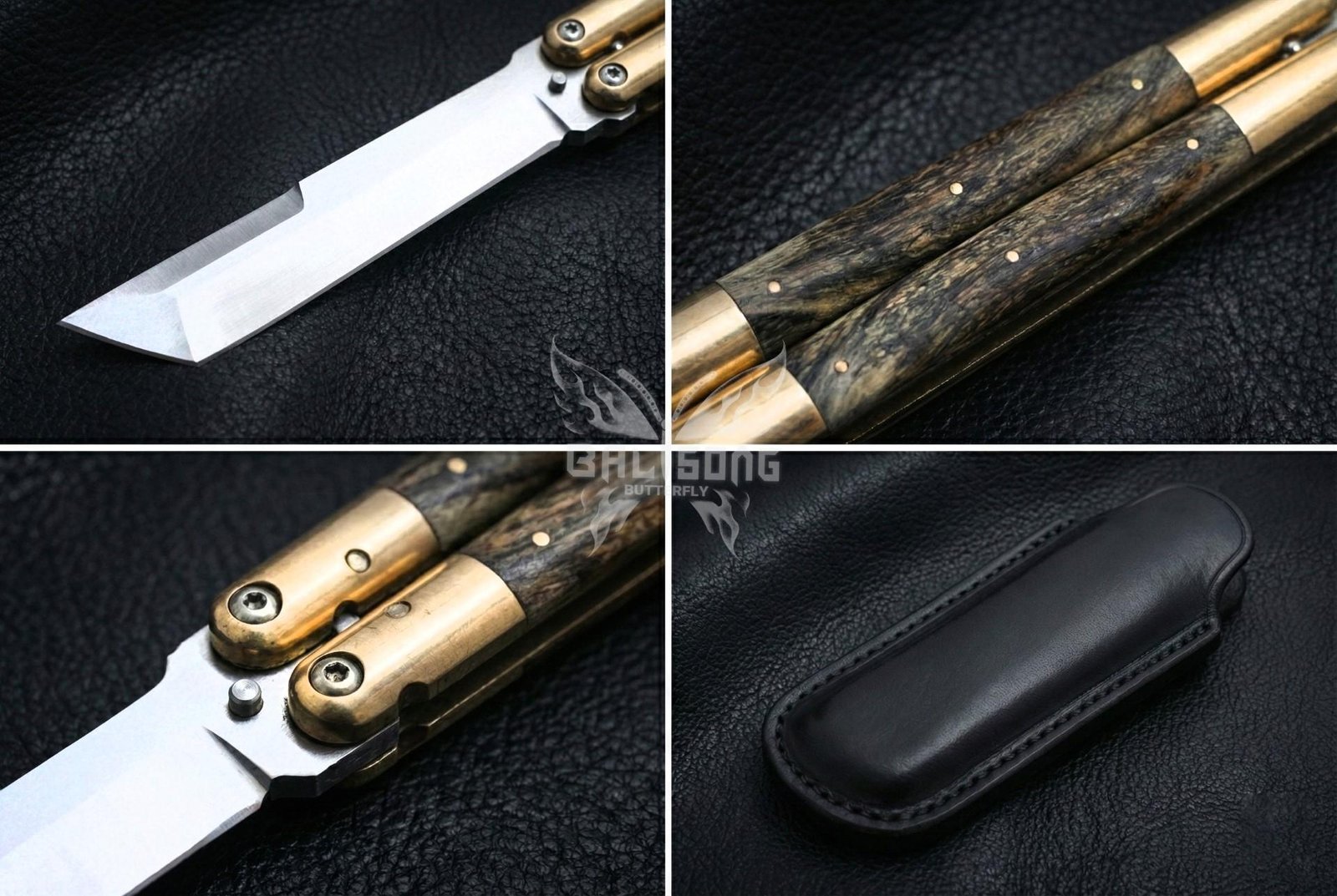 Handmade D2 Steel Balisong Tanto Blade Knife| Stag & Brase Bolsters Handle | Premium Butterfly Knife with Leather Sheath BF-150 - Image 2