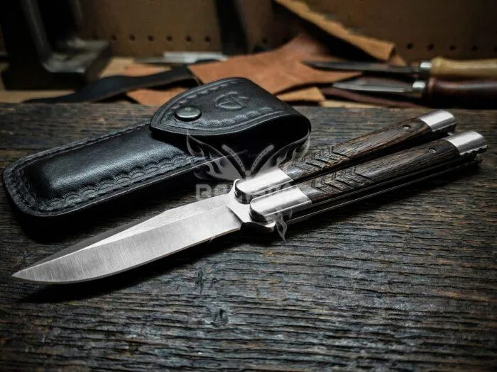Handmade D2 Steel Balisong Knife, Wenge Wood Engraved & Steel Bolster Handle, Premium Balisong Knife with Leather She...