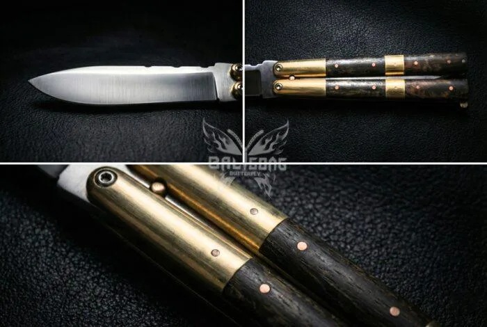 Handmade D2 Steel Balisong Knife, Rose Wood & Brase Bolsters Handle, Premium Butterfly Knife with Leather Sheath BF-1...