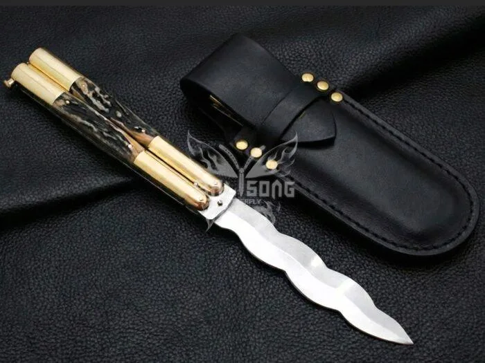 Handmade D2 Steel Balisong Double Edge Knife, Stag & Brase Bolsters Handle, Premium Butterfly Knife with Leather Shea...