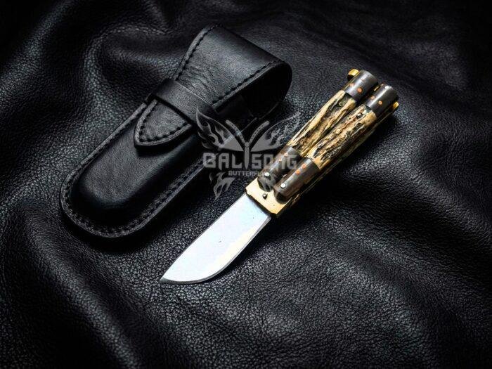 Handmade D2 Steel Balisong Knife| Stag & Rose Wood Handle | Premium Butterfly Knife with Leather Sheath BF-158