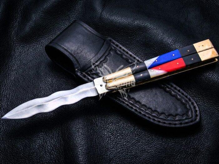 Handmade D2 Steel Balisong Double Edge Knife| Micarta Resin & Brase Bolsters Handle | Premium Butterfly Knife with Leather Sheath BF-160