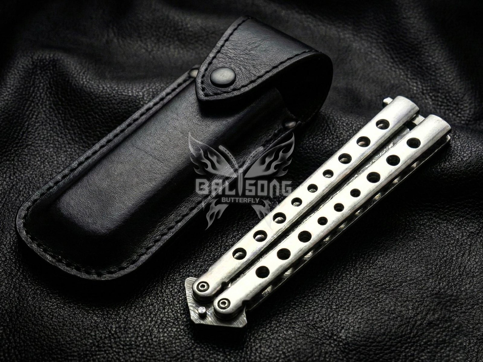 Handmade Damascus Steel Balisong Tanto Blade Knife| 410 stainless steel Handle | Premium Butterfly Knife with Leather Sheath BF-157 - Image 4
